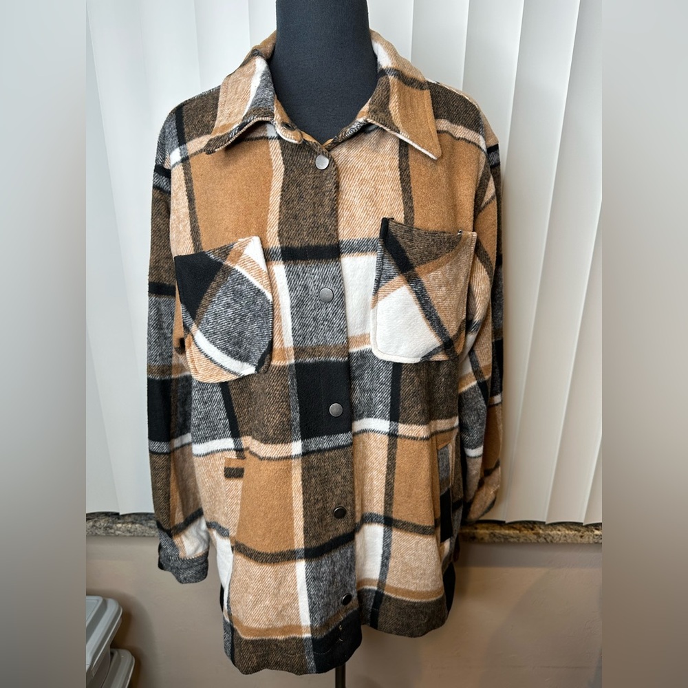 Ashley by 26 International Plaid Brown Black Oversized Jacket Size Large